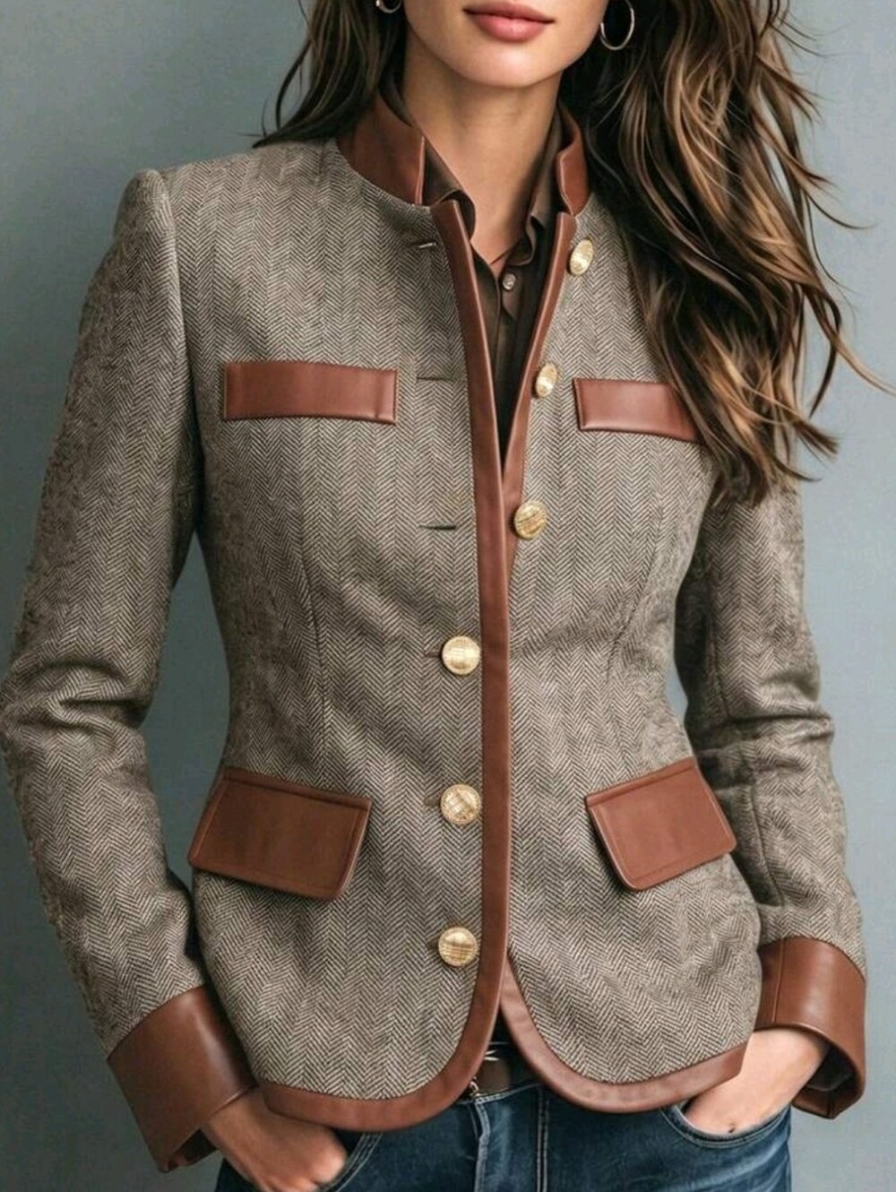 Women's Herringbone Wool Stand Collar Leather Trim Metal Button Multi-P